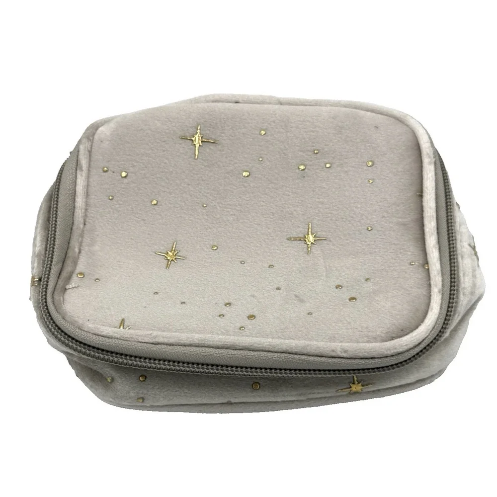 Celestial Stars Silver Velour Gold Embroidered Zip Travel Bag Small Portable NEW